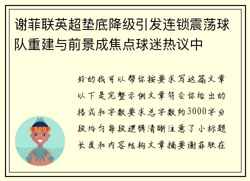 谢菲联英超垫底降级引发连锁震荡球队重建与前景成焦点球迷热议中