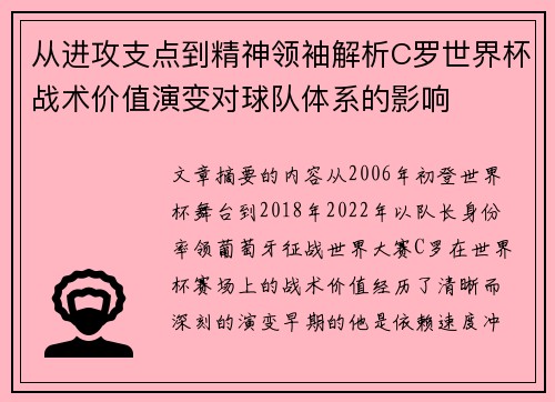 从进攻支点到精神领袖解析C罗世界杯战术价值演变对球队体系的影响 从进攻支点到精神领袖解析C罗世界杯战术价值演变对球队体系的影响